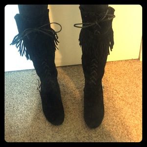 Brand new suede fringe tall boots with small wedge